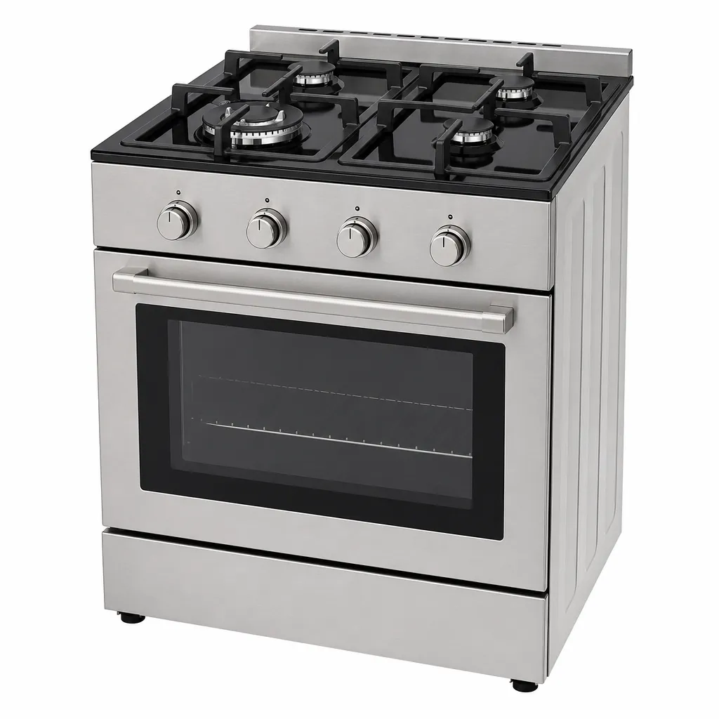 Illustration générée d'une cuisinière à gaz inox quatre feux