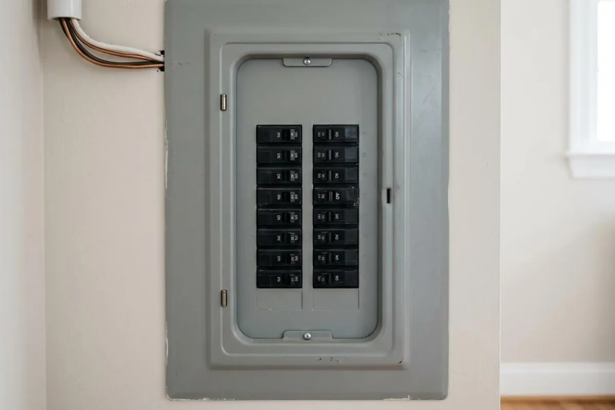 Illustration générée d'un tableau électrique avec disjoncteur déclenché