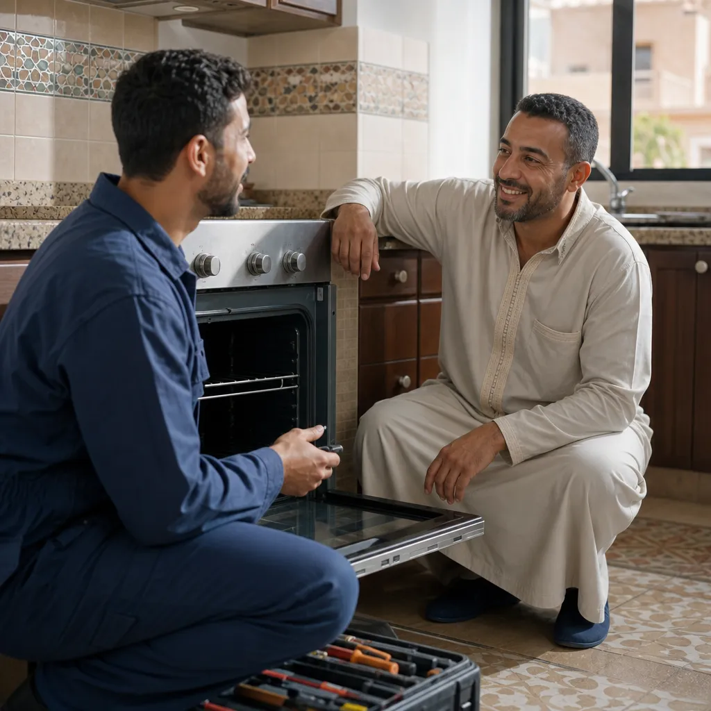 Photo réaliste générée par IA d'un client échangeant avec un technicien four