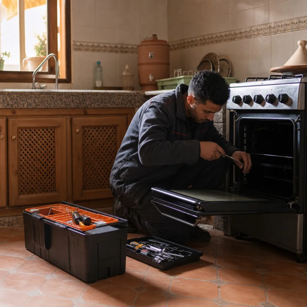 Photo réaliste générée par IA d'une réparation de four à domicile à Rabat