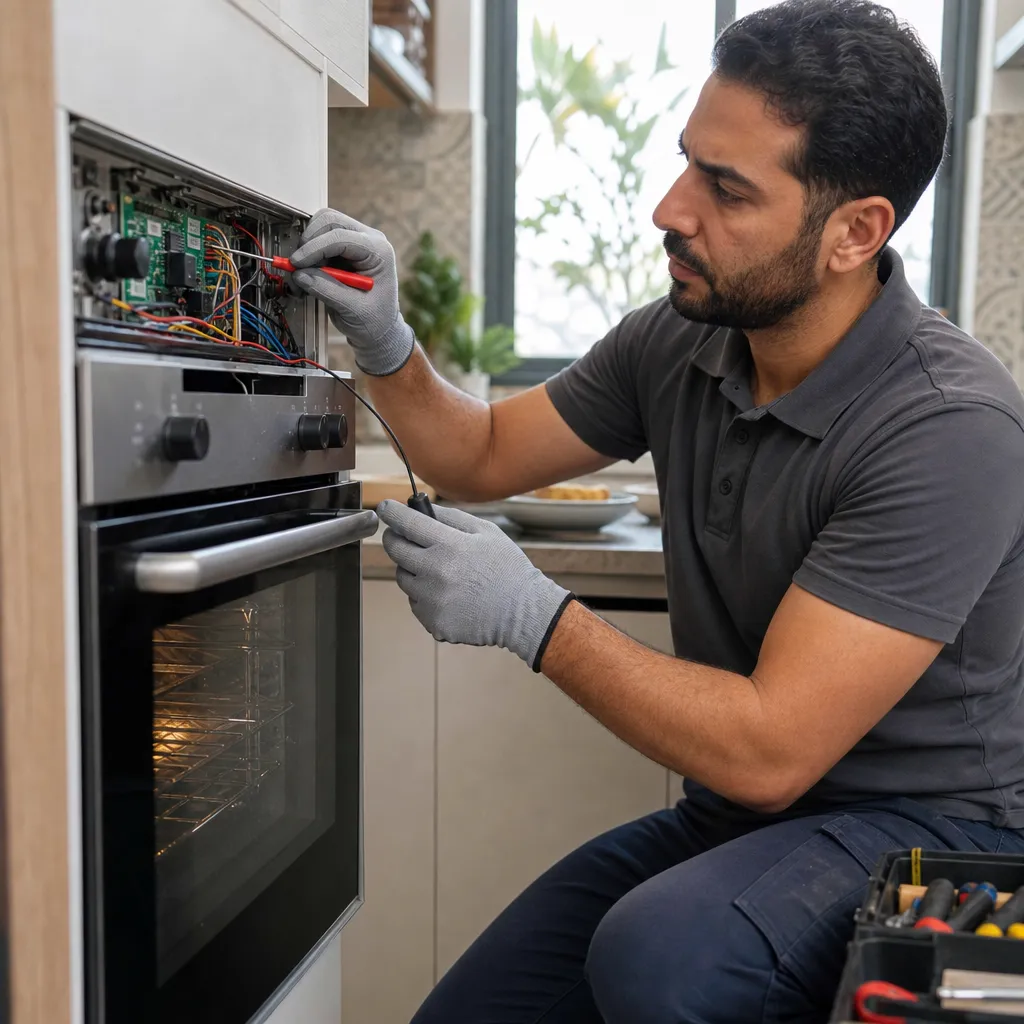 Photo réaliste générée par IA d'un technicien réparant un four