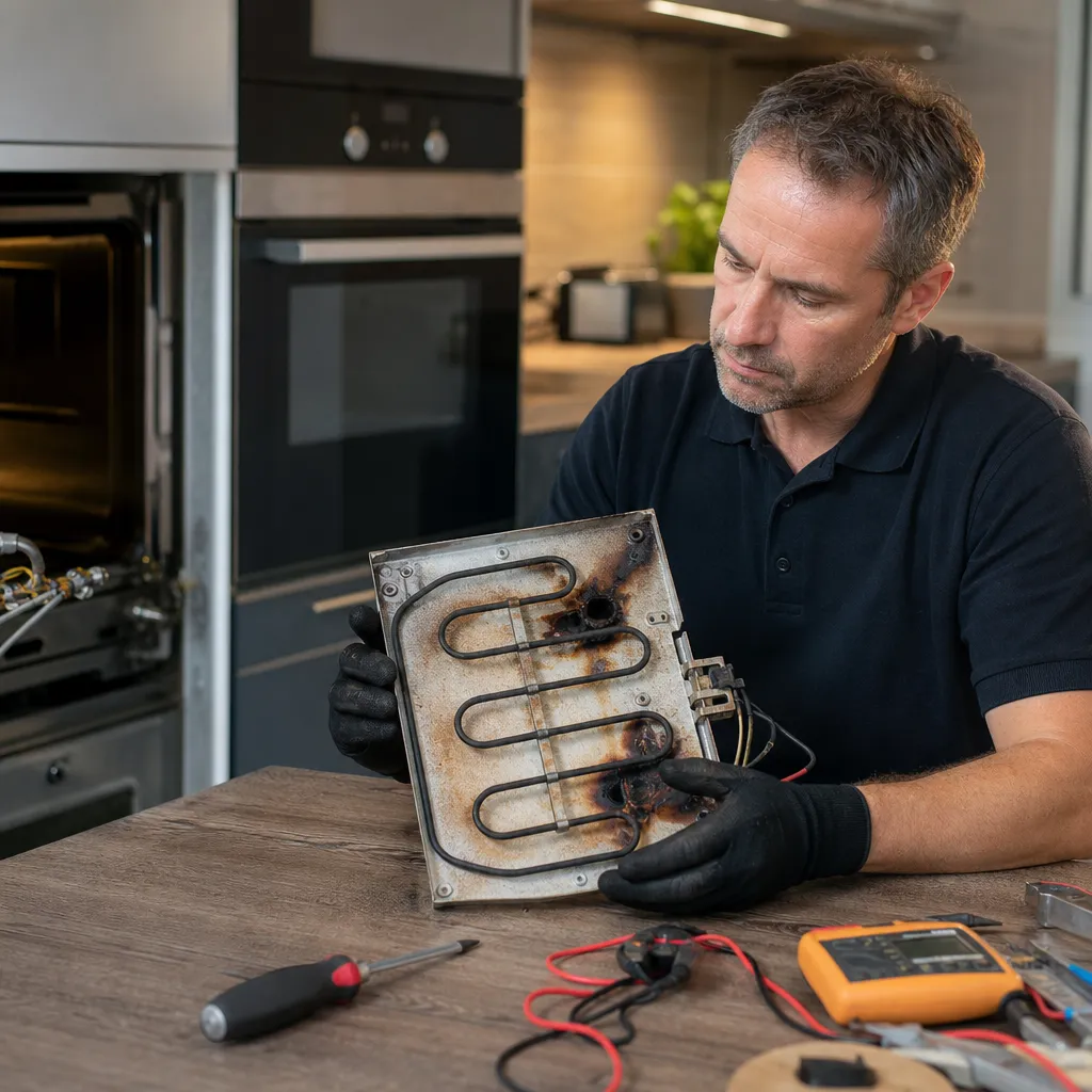 Photo réaliste générée par IA d'un composant de four marqué par la chaleur
