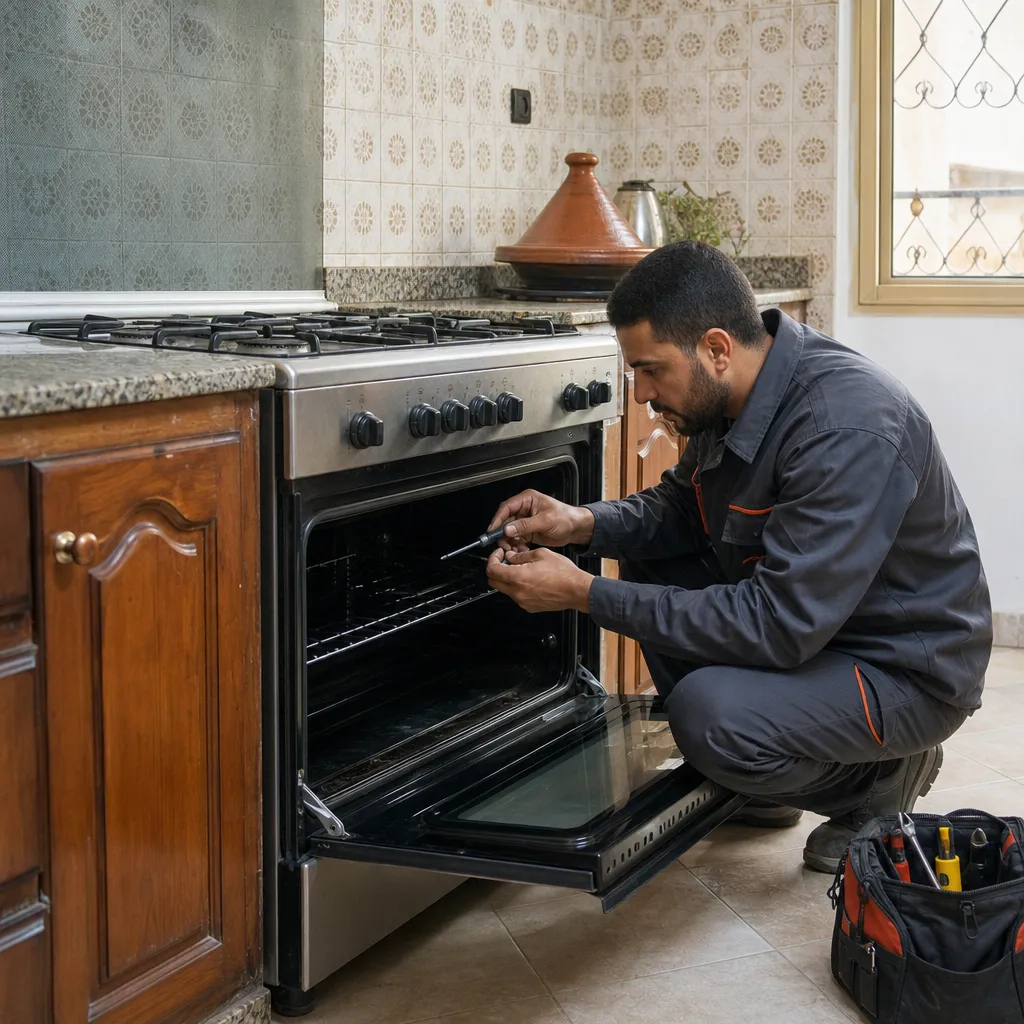 Photo réaliste générée par IA d'une réparation de cuisinière à domicile
