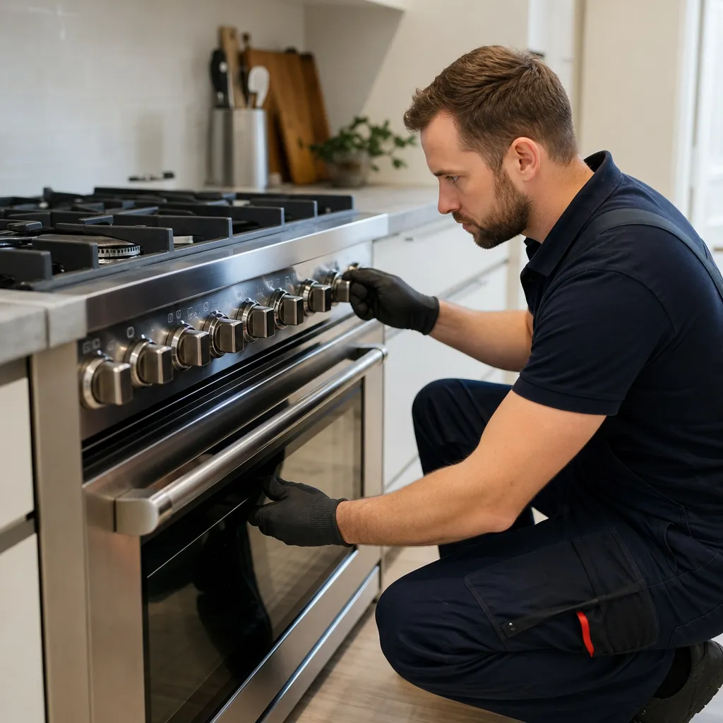 Photo réaliste générée par IA d'un contrôle sécurisé de cuisinière à gaz éteinte